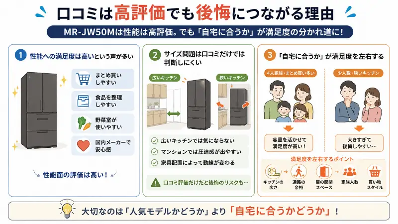 MR-JW50Mは口コミ評価が高くても後悔につながる理由を解説した16:9のフラットベクター図解。性能満足度の高さ、サイズ問題は口コミだけでは判断しにくい点、自宅環境との相性が満足度を左右することを比較形式で整理している。
