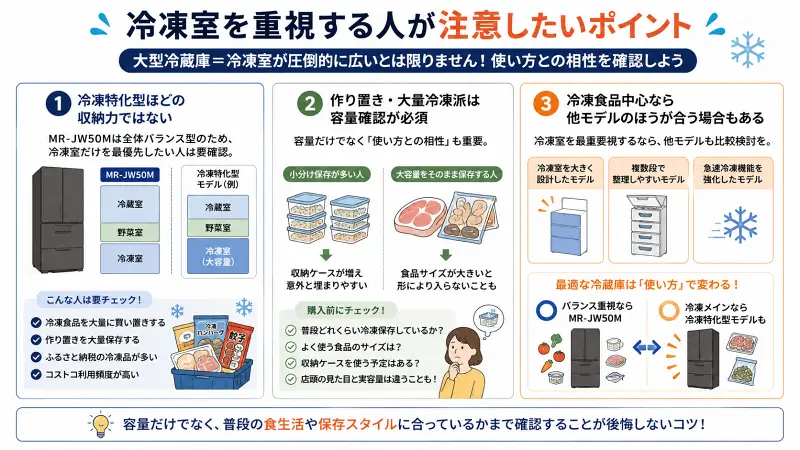 MR-JW50Mで冷凍室を重視する人向けの注意点をまとめた16:9のフラットベクター図解。冷凍特化型ほど収納力が高くない点、作り置きや大量冷凍派は容量確認が必要な点、冷凍食品中心なら他モデルも比較候補になることをイラスト付きで整理している。