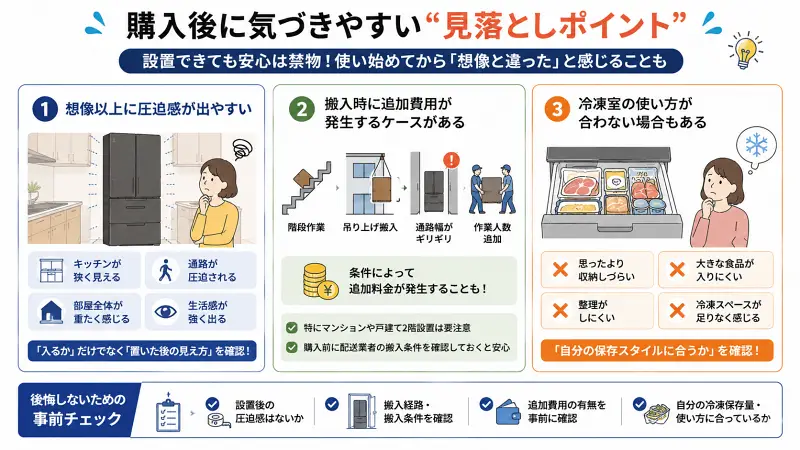 MR-JW50M購入後に気づきやすい見落としポイントをまとめた16:9のフラットベクター図解。圧迫感の強さ、搬入時の追加費用、冷凍室の使い勝手の違いを3項目で整理し、購入前チェックの重要性をイラスト付きで解説している。