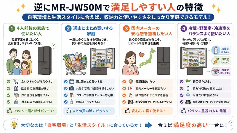 MR-JW50Mで満足しやすい人の特徴をまとめた16:9のフラットベクター図解。4人前後の家族、週末まとめ買い派、国内メーカーの安心感を重視する人、冷蔵・野菜室・冷凍室をバランスよく使いたい家庭に向いている点を整理している。