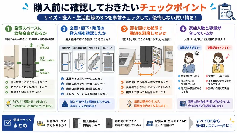 MR-JW50M購入前に確認したいチェックポイントをまとめた16:9のフラットベクター図解。放熱スペース、搬入経路、扉を開けた時の動線、家族人数と容量の相性を4項目で整理し、後悔しないための確認ポイントを解説している。