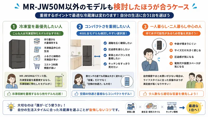MR-JW50M以外のモデルも検討したほうが合うケースをまとめた16:9のフラットベクター図解。冷凍室重視派、コンパクトさ重視派、一人暮らし・二人暮らし向けに、ライフスタイル別の選び方を比較形式で整理している。