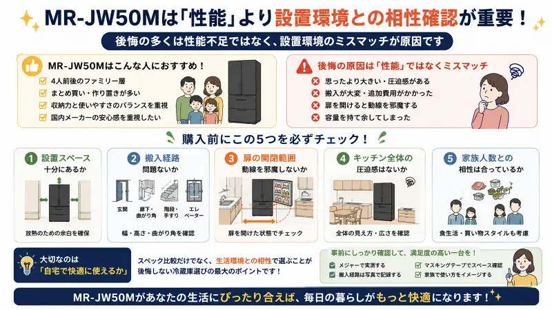 MR-JW50Mは性能より設置環境との相性確認が重要であることを解説した16:9のフラットベクター図解。後悔しやすい原因と、購入前に確認すべき設置スペース・搬入経路・扉開閉・圧迫感・家族人数との相性を整理してまとめている。