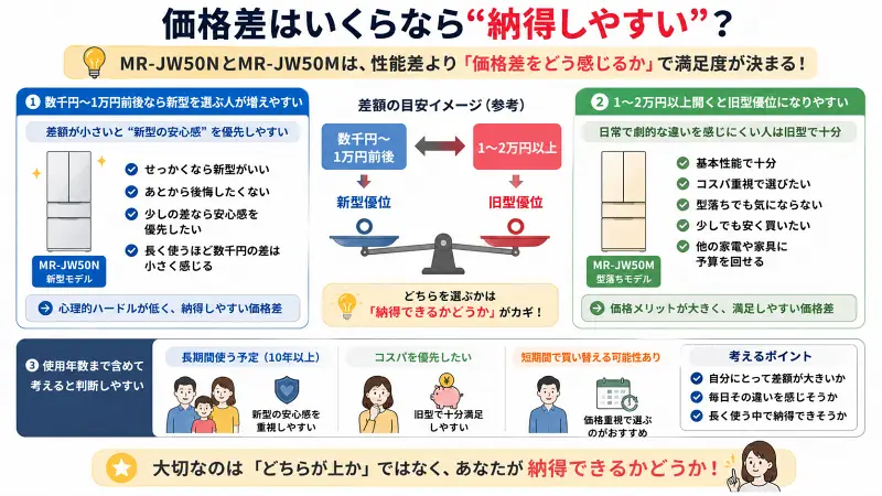 「MR-JW50NとMR-JW50Mの価格差目安比較」