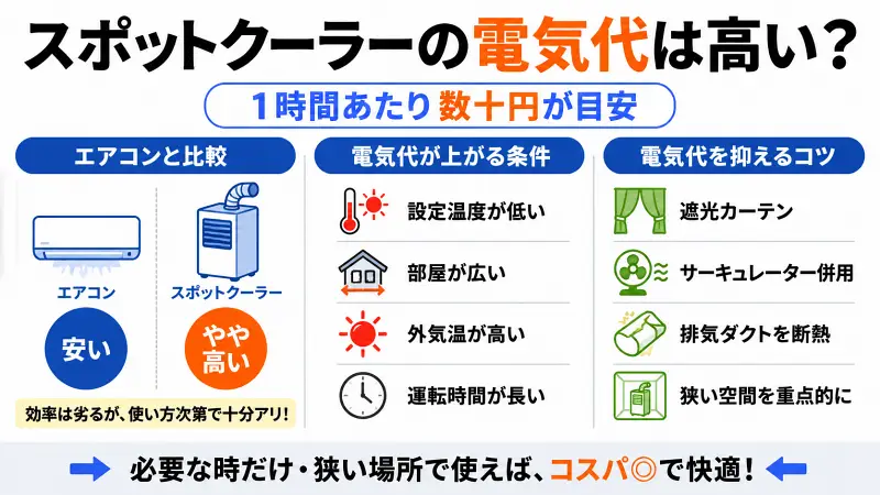 スポットクーラーの電気代をエアコン比較で解説した16:9図解。1時間あたり数十円目安、電気代が上がる条件、節約のコツをシンプルに整理。