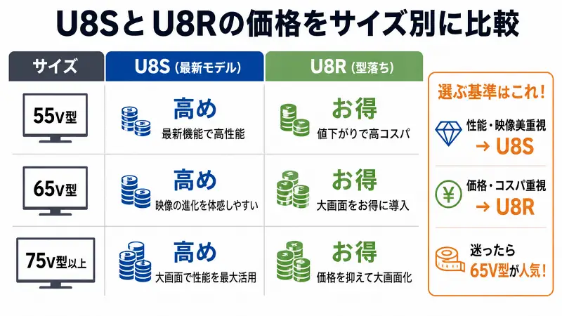 U8SとU8Rの価格差を55V型・65V型・75V型以上で比較したテレビ選び比較図。性能重視のU8Sとコスパ重視のU8Rをサイズ別にわかりやすく解説した16:9バナー型図解。