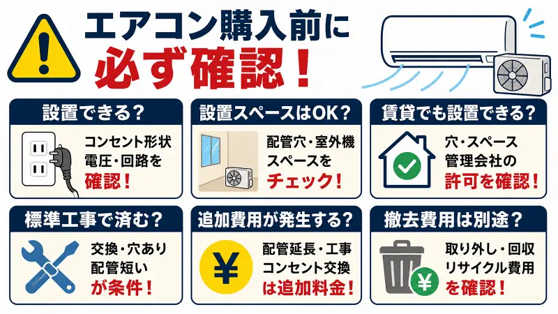 エアコン購入前の注意点を図解で解説したバナー。コンセント確認、設置スペース、賃貸設置条件、追加工事費、配管延長、撤去費用など、購入前に確認すべきポイントを16:9でわかりやすく整理した比較イラスト。