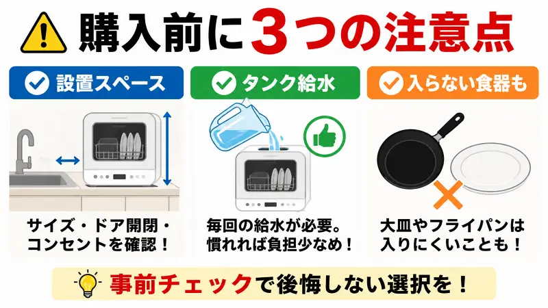 食洗機購入前の注意点を図解で解説。設置スペース確認、タンク給水の手間、大皿やフライパン収納の注意など、後悔しないためのチェックポイントを16:9バナー型イラストでわかりやすく紹介。