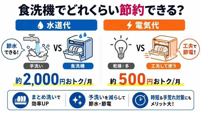 食洗機の節約効果を比較した16:9図解。手洗いより節水しやすく、工夫次第で電気代も抑えられるポイントをシンプルに解説。