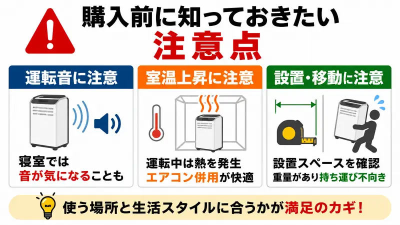 CV-R180・CV-N180の購入前に知っておきたい注意点を比較した図解。運転音、室温上昇、設置スペースと本体重量のポイントをわかりやすく解説し、除湿機選びで失敗しないための確認事項を紹介。