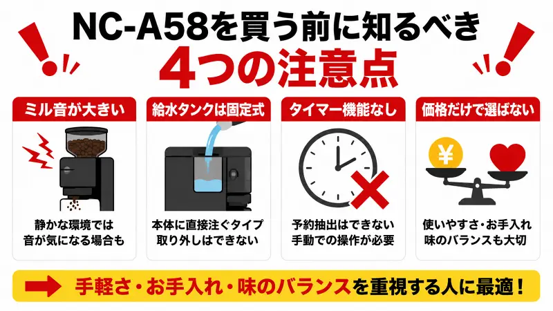 NC-A58購入前の注意点を図解。ミル音の大きさ、固定式給水タンク、タイマー機能なしの3つの注意点と、手軽さ・お手入れのしやすさ・味のバランスを重視する人向けであることを分かりやすく比較した全自動コーヒーメーカー解説図。