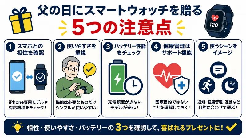 父の日にスマートウォッチを贈る際の注意点を解説した図解。スマホとの相性確認、使いやすさ重視、バッテリー性能、健康管理機能の注意点、利用シーンに合わせた選び方をわかりやすく紹介。プレゼント選びで失敗しないためのポイントをまとめた父の日ギフトガイド。
