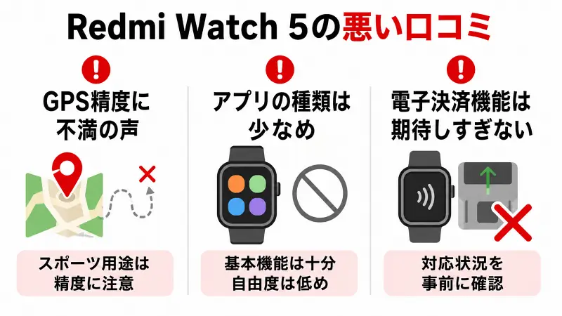 Redmi Watch 5の悪い口コミや評判を解説する広告バナー型図解。GPS精度への不満、アプリの少なさ、電子決済機能の制限など購入前に知っておきたい注意点を比較して紹介。