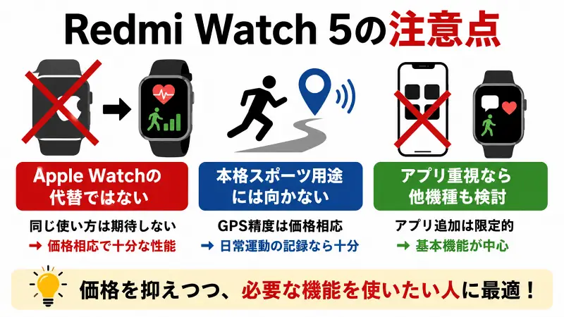 Redmi Watch 5の口コミで分かった注意点を解説する図解。Apple Watchの代替ではないこと、本格スポーツ用途には不向きなこと、アプリ追加は限定的で基本機能中心であることを比較し、価格重視でスマートウォッチを選ぶ人向けの特徴をまとめたバナー。