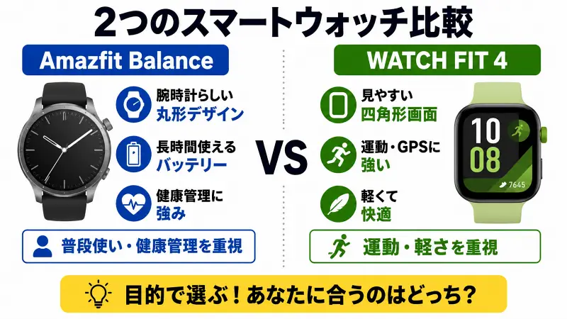 Amazfit BalanceとWATCH FIT 4の違いを比較した図解。Amazfit Balanceは丸形デザインと健康管理重視、WATCH FIT 4は軽量設計とGPS・運動機能重視。普段使いと健康管理ならAmazfit Balance、スポーツと軽さならWATCH FIT 4がおすすめ。