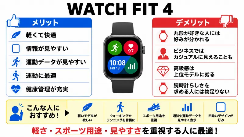 WATCH FIT 4のメリット・デメリットを比較した図解。軽量設計、見やすい四角画面、スポーツ用途、健康管理機能の強みと、デザイン性や腕時計らしさに関する注意点を整理し、軽さ・運動用途・視認性を重視する人に向いていることを解説。