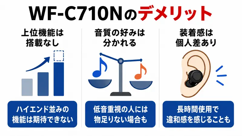 WF-C710Nのデメリットを解説した比較図。上位モデルほどの高機能ではない点、音質の好みが分かれる点、装着感に個人差がある点をシンプルにまとめたワイヤレスイヤホン購入判断用バナー図解。