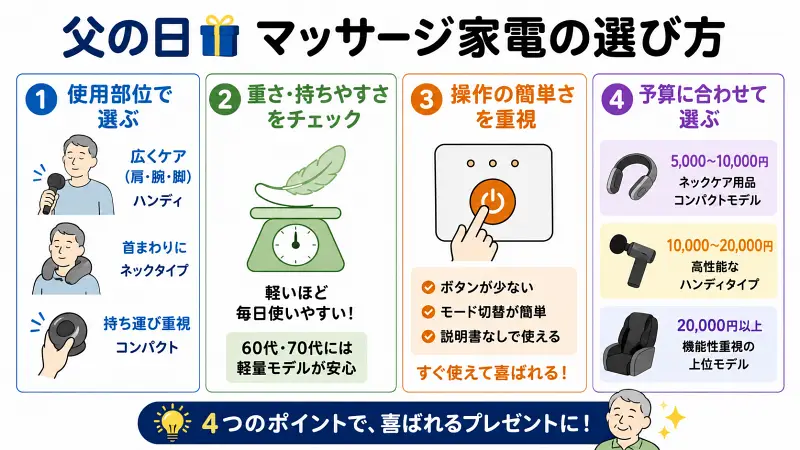 父の日向けマッサージ家電の選び方を解説した図解。使用部位、重さ、操作性、予算の4つのポイントから、父親に喜ばれるマッサージ機器の選び方を比較して紹介する広告バナー型インフォグラフィック。