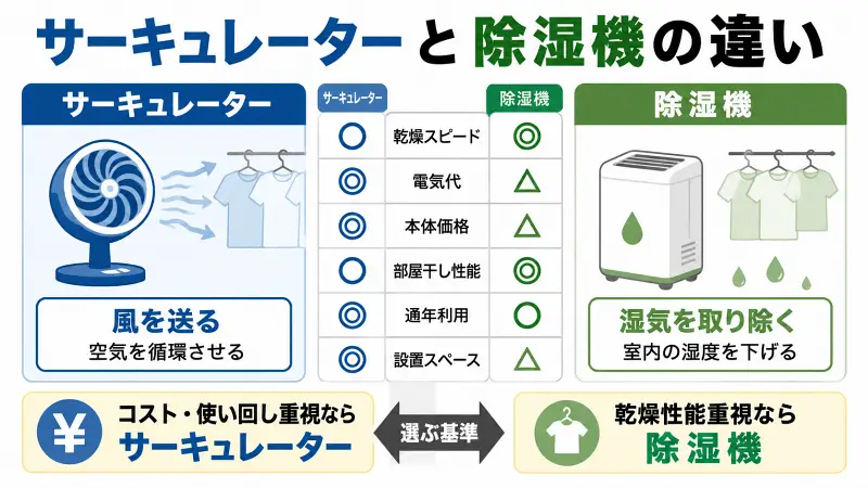 サーキュレーターと除湿機の違いを比較した図解。風を送るサーキュレーターと湿気を取り除く除湿機の役割、乾燥性能、電気代、本体価格、部屋干し性能の違いを一目で解説。部屋干し用途に合わせた選び方がわかる比較表。