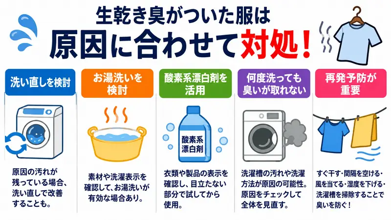 生乾き臭がついた服の対処法を解説する図解。洗い直し、お湯洗い、酸素系漂白剤の活用、臭いが取れない原因の確認、再発防止策を比較しながらわかりやすく紹介。部屋干し臭を防ぐ洗濯方法と予防ポイントをまとめたバナー。