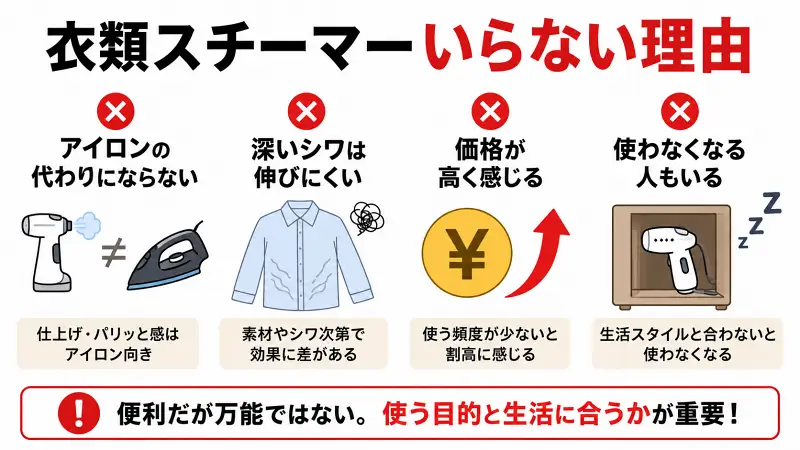 衣類スチーマーがいらないと言われる4つの理由を比較した広告バナー型図解。アイロン代わりにならない、深いシワが伸びにくい、価格が高く感じる、使わなくなる人もいるという後悔ポイントと、購入前に生活スタイルとの相性確認が重要であることを解説。