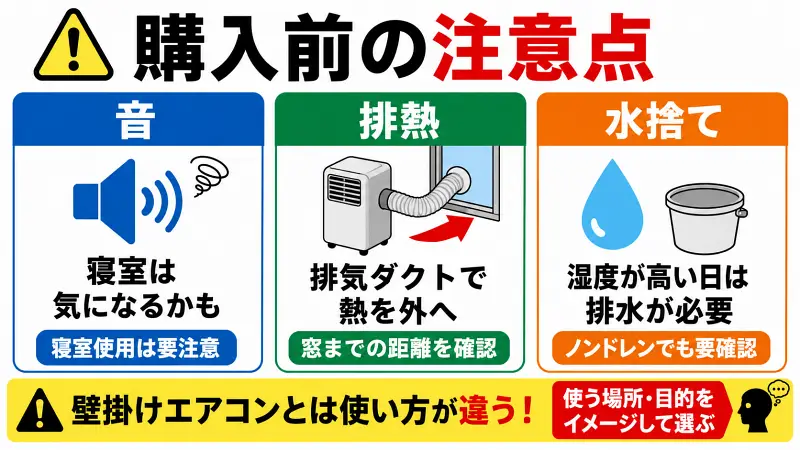 スポットエアコン購入前に確認したい音・排熱・水捨ての注意点を、寝室使用や排気ダクト設置、湿度が高い日の排水確認までわかりやすく示した図解画像