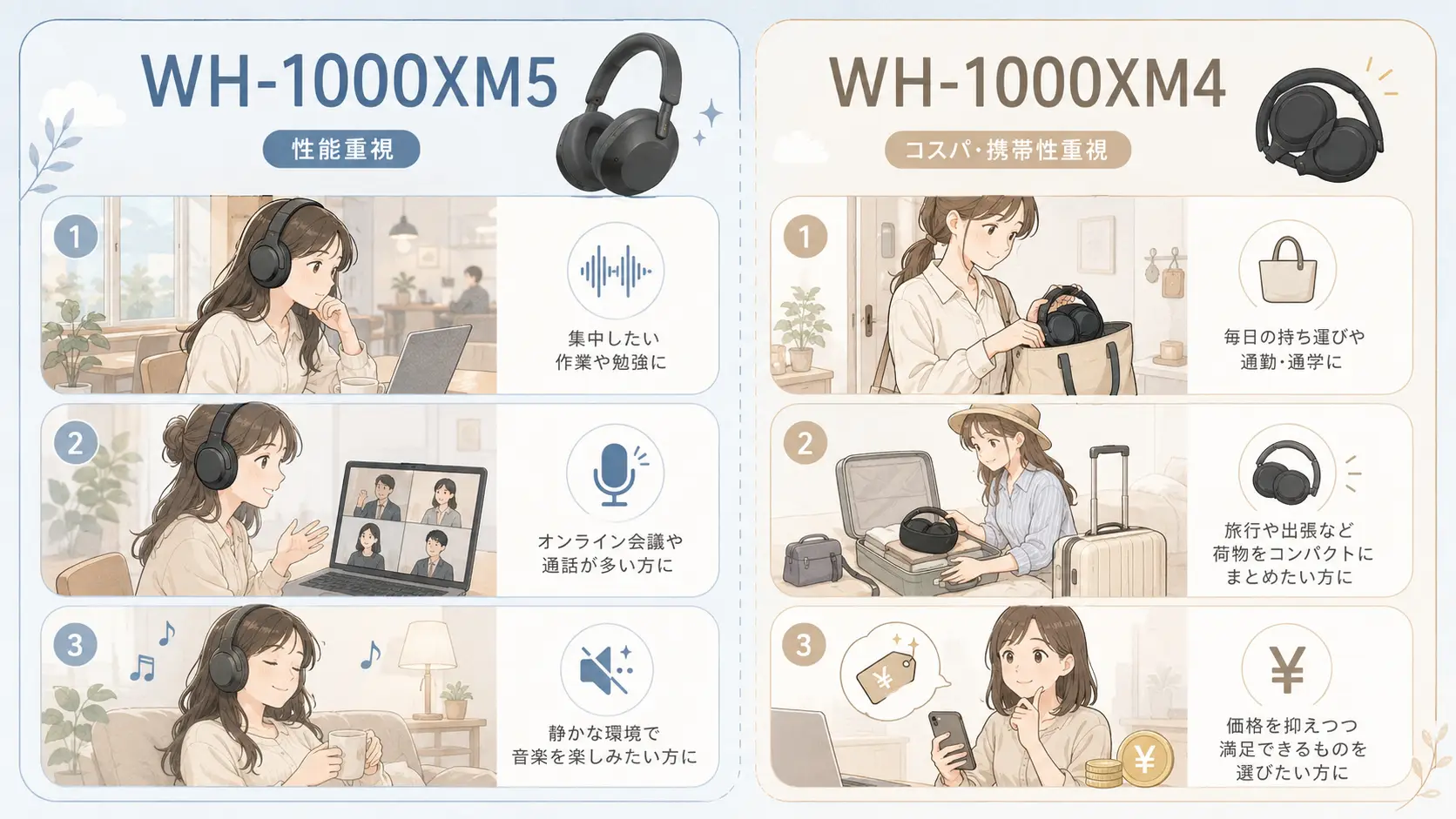 WH-1000XM5がおすすめな人とWH-1000XM4がおすすめな人の比較図