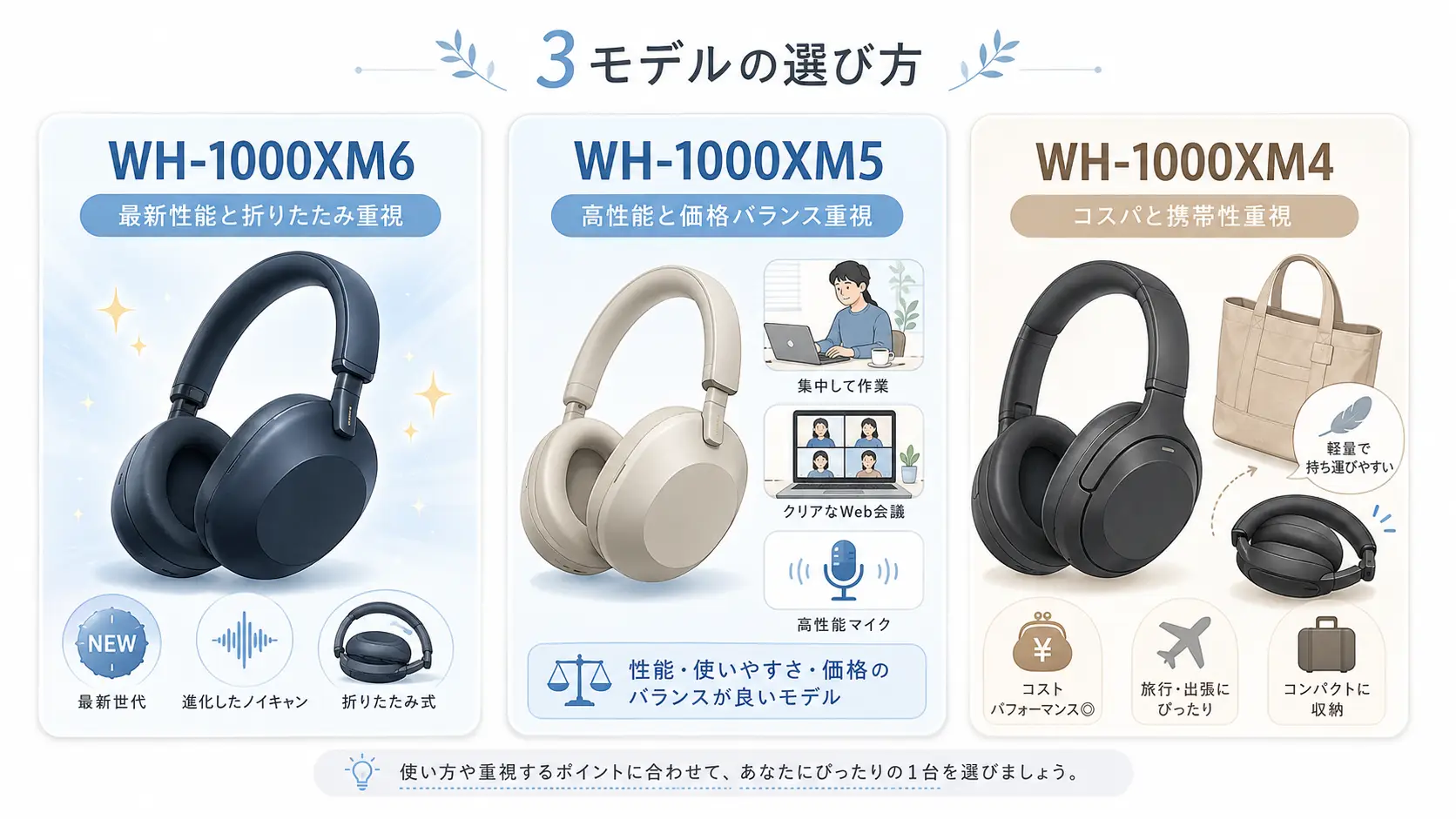 WH-1000XM6とWH-1000XM5とWH-1000XM4の選び方を比較した図解
