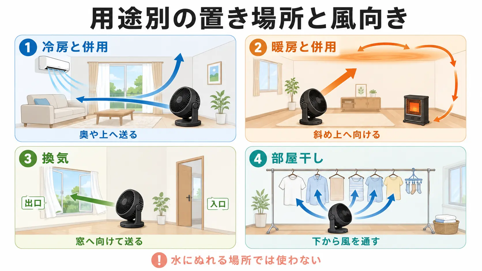 alt="753OSC-JPを冷房・暖房・換気・部屋干しで使う際の置き場所と風向き"