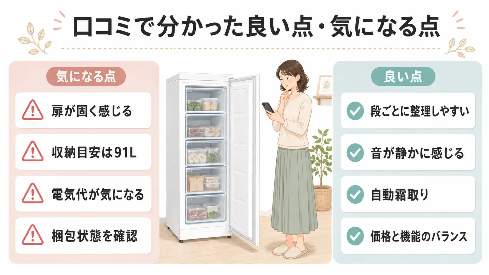 COMFEE冷凍庫RCU140WH1JP(E)の口コミで分かった良い点と気になる点の比較図