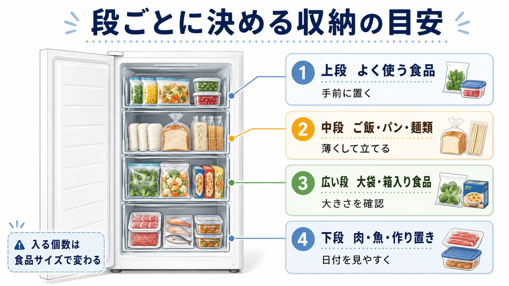 COMFEE冷凍庫RCU140WH1JP(E)の5段引き出しを使った段別収納イメージ