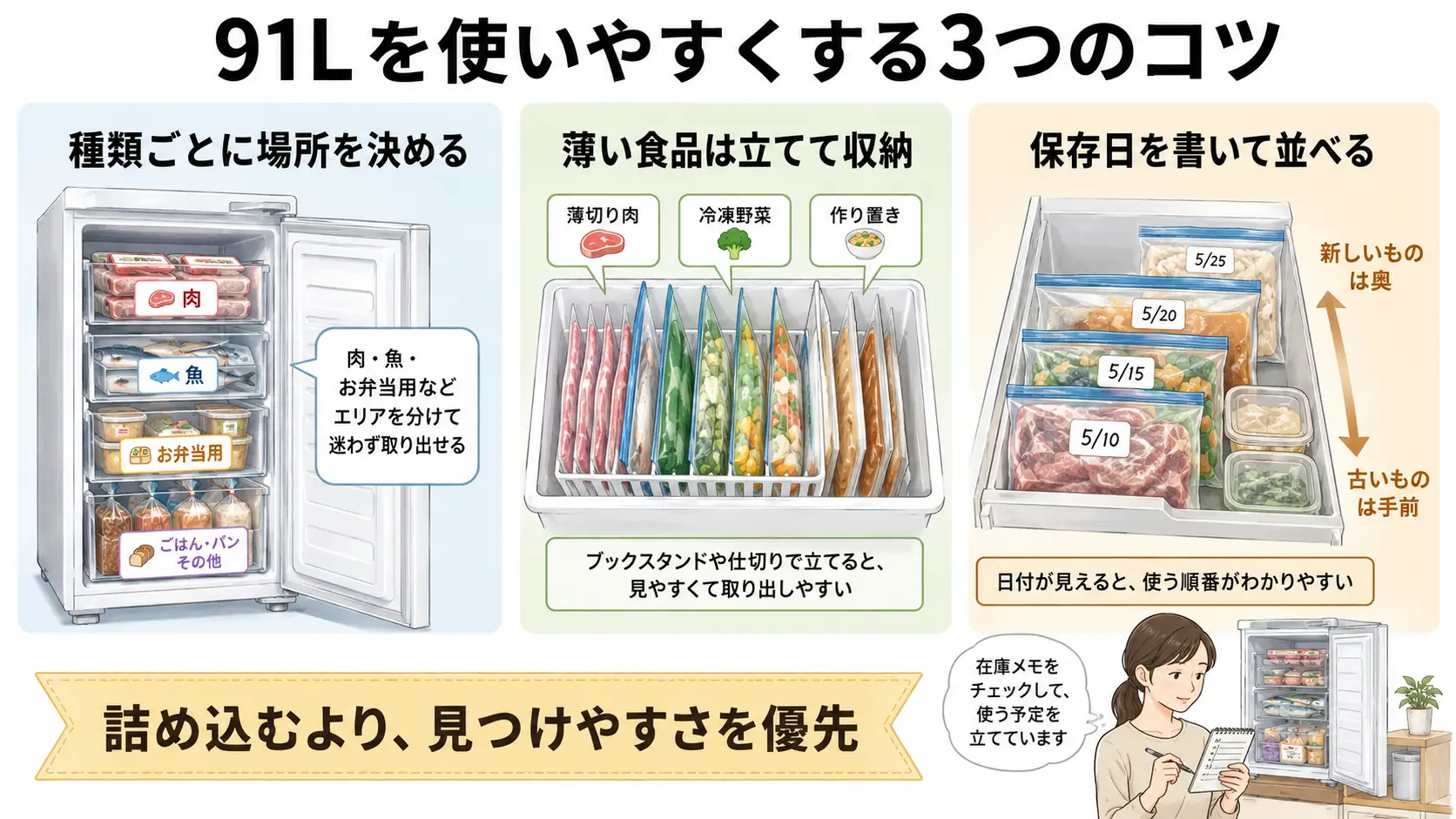 冷凍庫の食品を種類別に分けて立てて収納し保存日を管理する3つのコツ