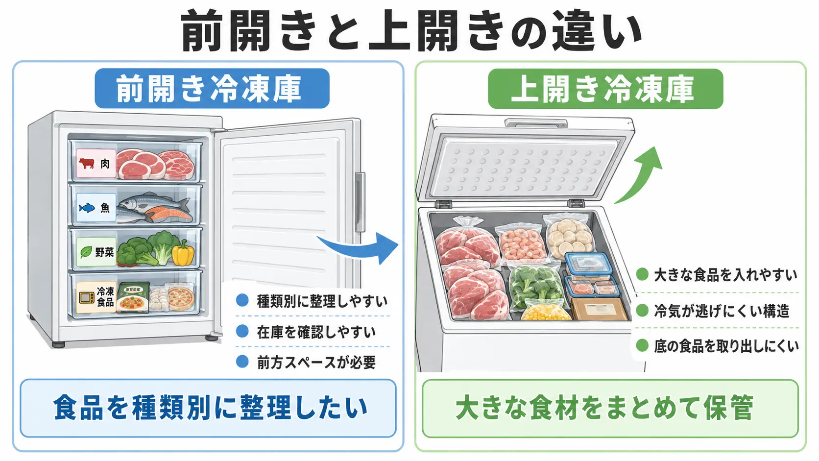 前開き冷凍庫と上開き冷凍庫の整理しやすさや収納方法の違いを比較した図