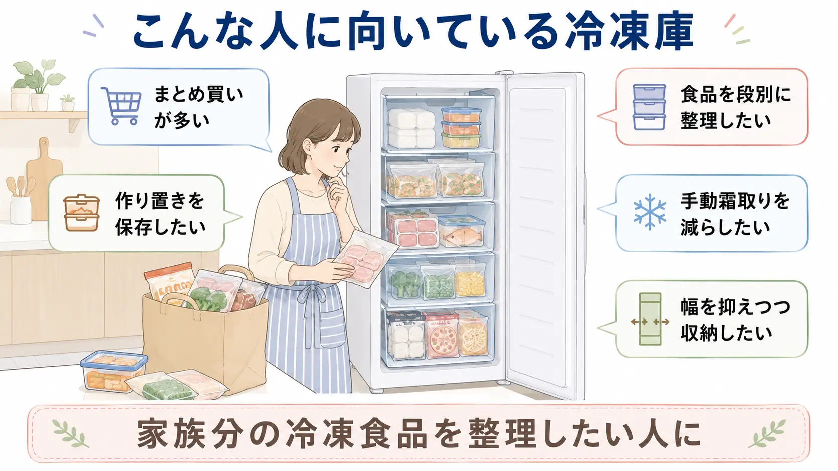 COMFEE冷凍庫RCU140WH1JP(E)がまとめ買いや作り置きに向いている家庭のイメージ