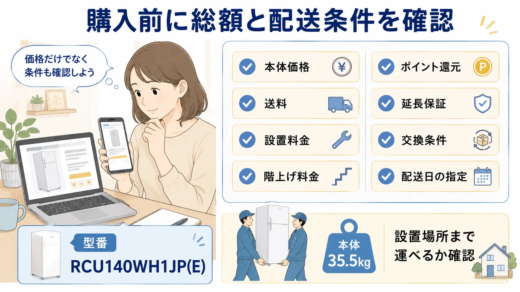 COMFEE冷凍庫RCU140WH1JP(E)購入前に送料設置料金保証配送条件を確認する図